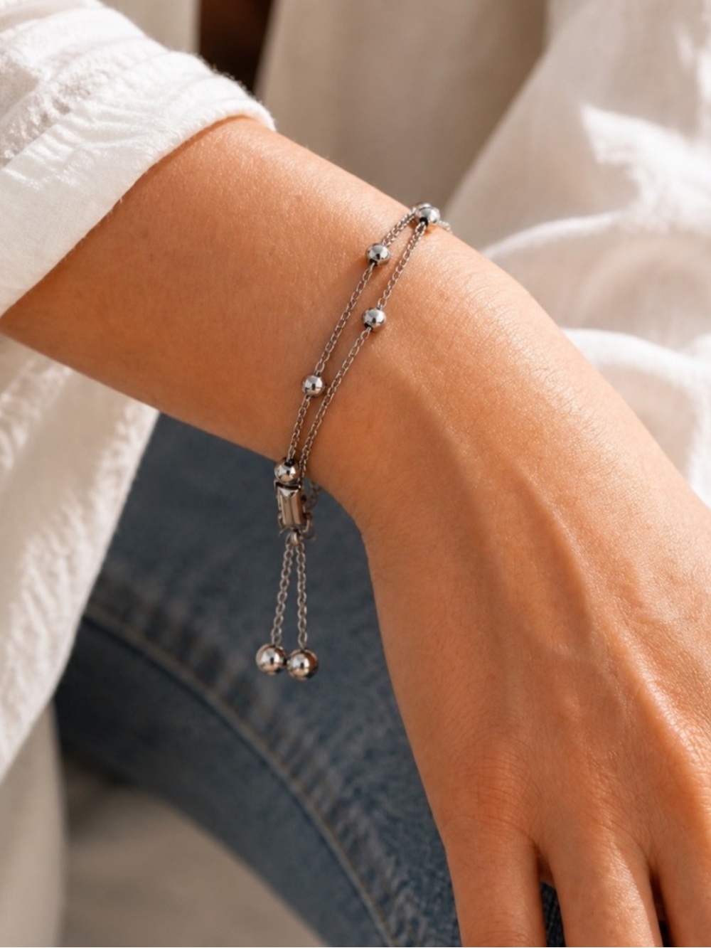 Vintage Coro Signed Silver Tone Bead Station Double Chain Bracelet Dangle Tassel